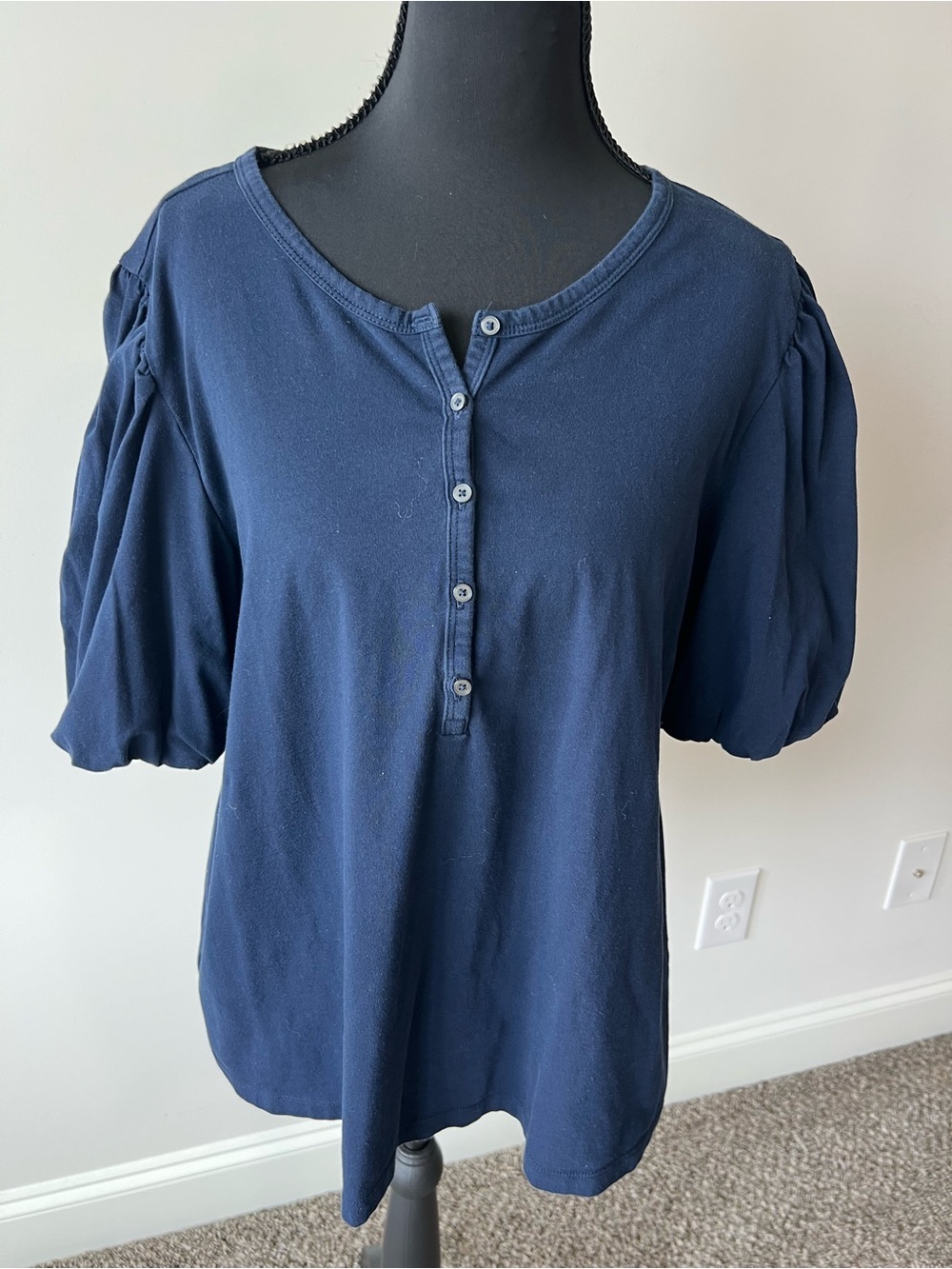 LOFT Navy Puff Sleeve Henley Tee Cotton